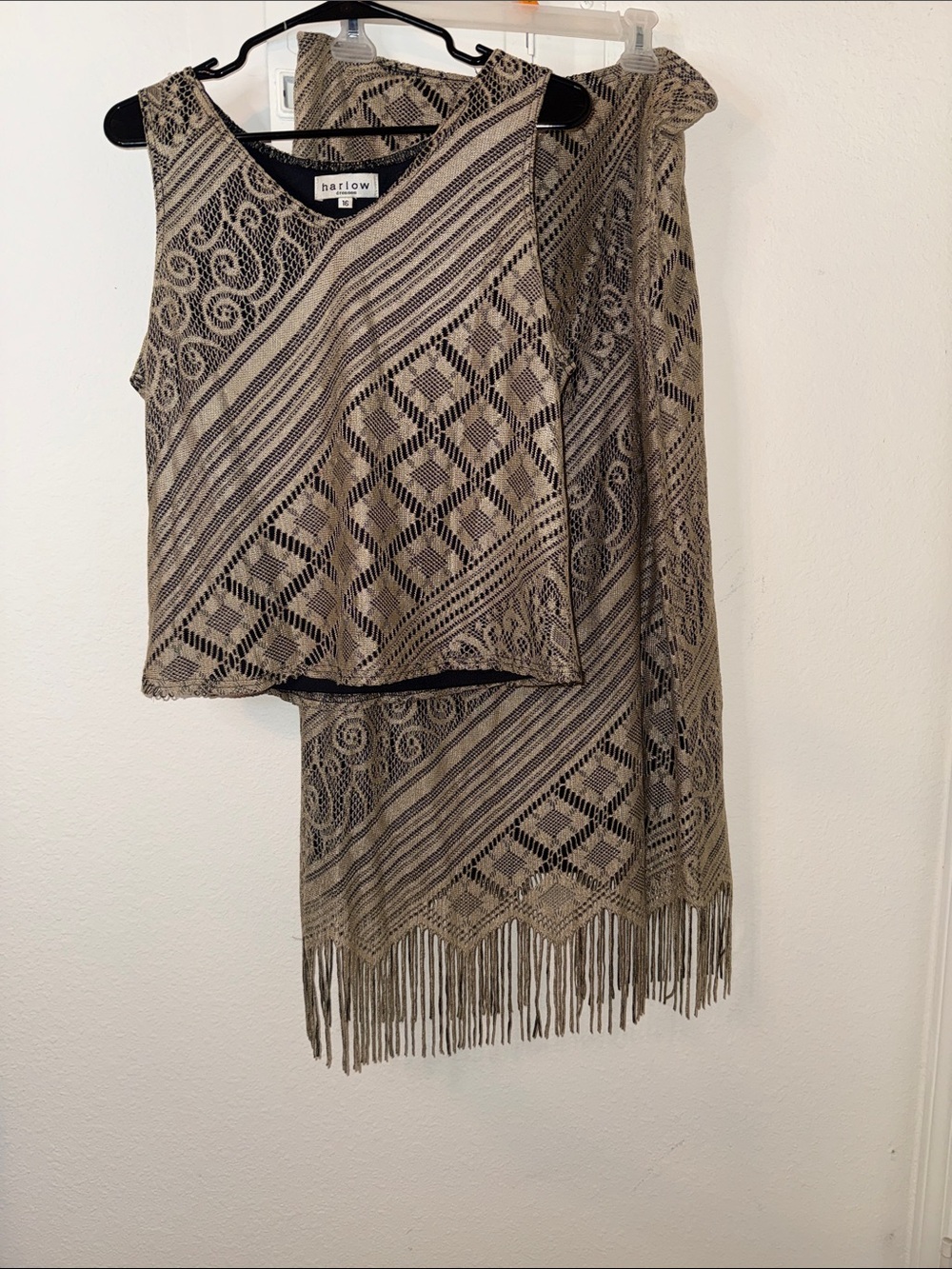 Vintage 1980s Harlow Neutral Fringe Knit Two-Piece Set - Beige & Black
